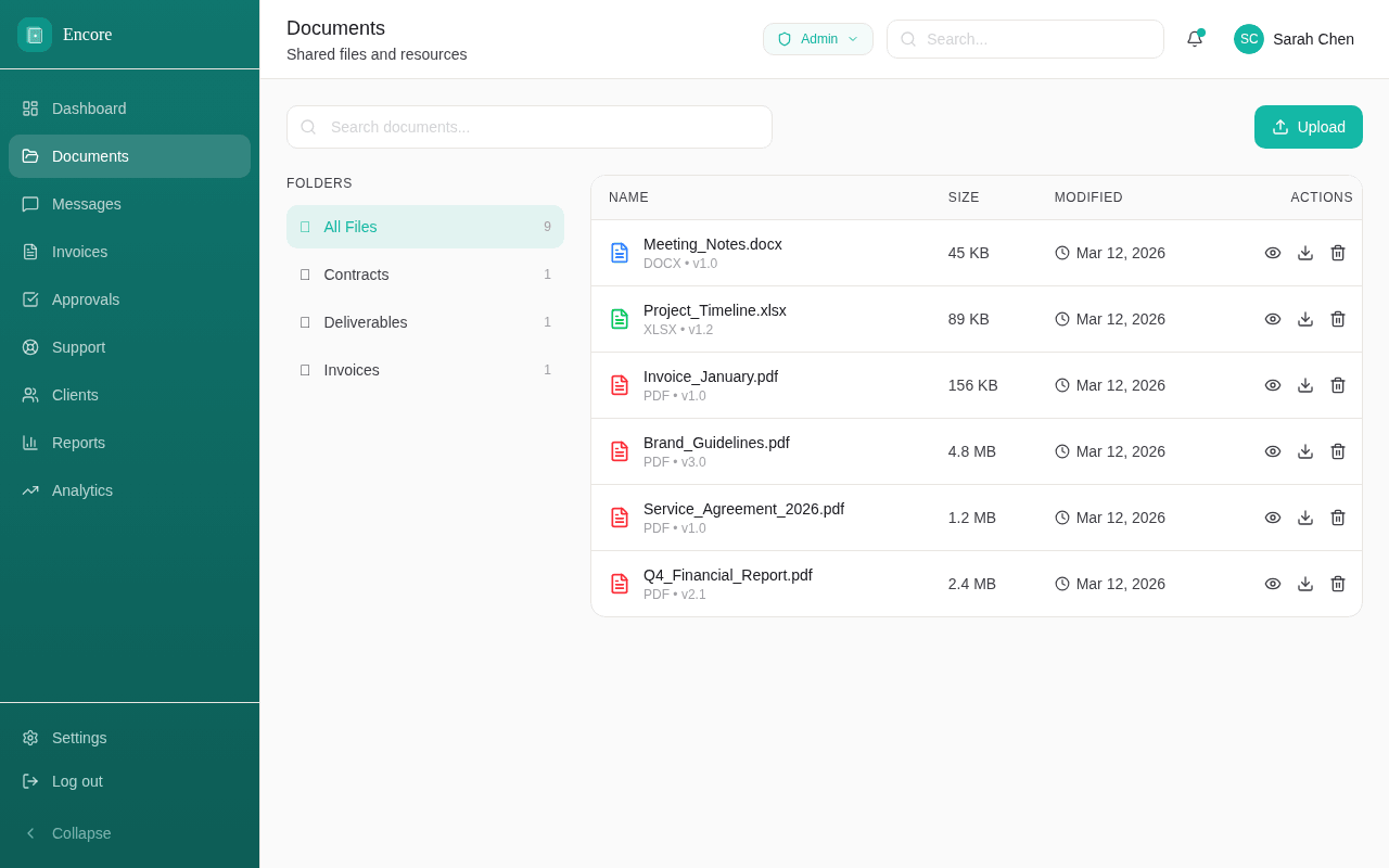 Documents page with organized file management